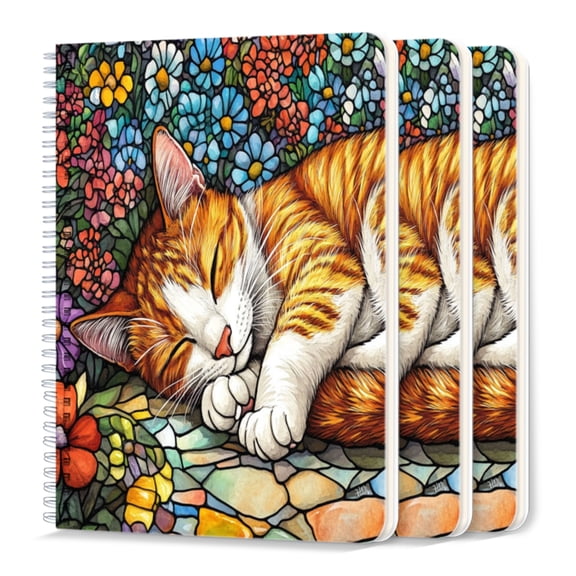 Spiral Journal Notebook,50 Sheets A5 College Ruled Notebook/Journal 3 Pcs for School Office Home - Stained Glass-Like Depiction of Orange And White Cat