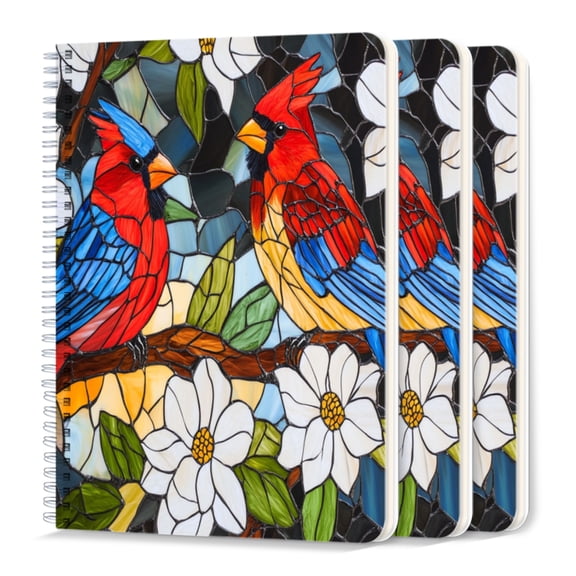 Spiral Journal Notebook,50 Sheets A5 College Ruled Notebook/Journal 3 Pcs for School Office Home - Stained Glass-Style Artwork Depicting Birds on Tree Branch