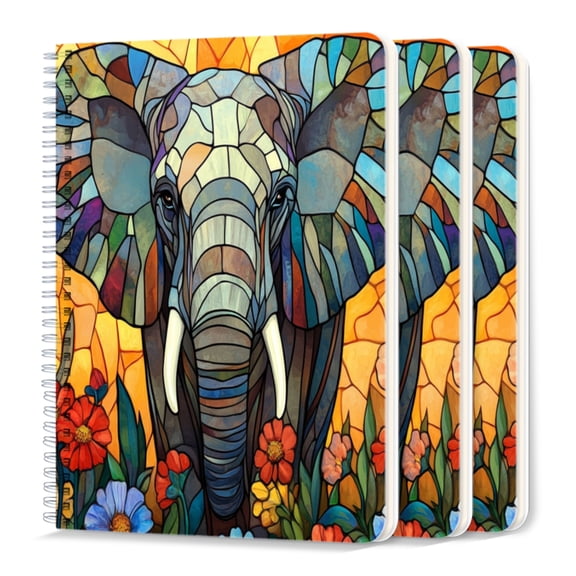 Spiral Journal Notebook,50 Sheets A5 College Ruled Notebook/Journal 3 Pcs for School Office Home - Stained Glass-Style With Vibrant Colors Elephant With Large Ears