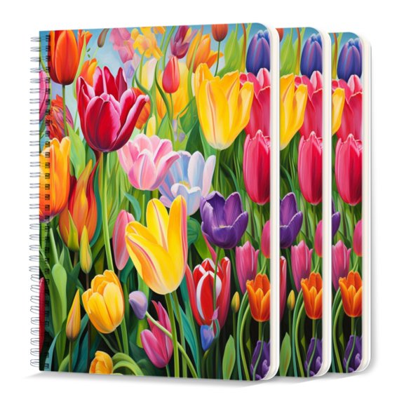 Spiral Journal Notebook,50 Sheets A5 College Ruled Notebook/Journal 3 Pcs for School Office Home - Tulips in Full Bloom With Colorful Petals And Delicate Leaves
