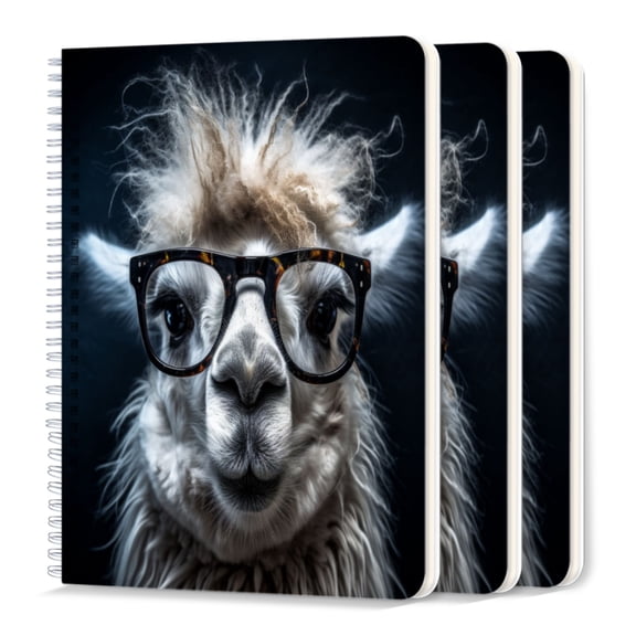 Spiral Journal Notebook,50 Sheets A5 College Ruled Notebook/Journal 3 Pcs for School Office Home - Alpaca Wearing Glasses Set Against Dark Background