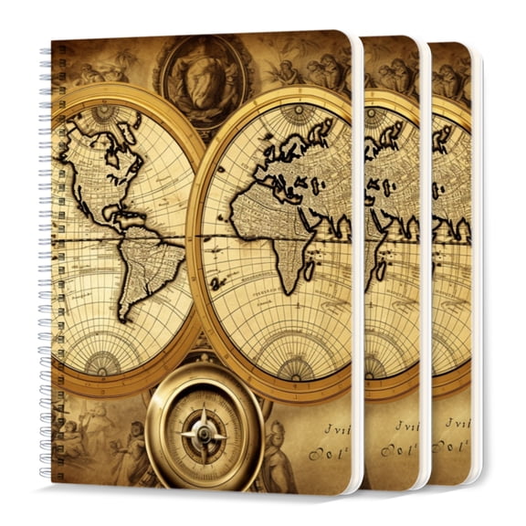 Spiral Journal Notebook,50 Sheets A5 College Ruled Notebook/Journal 3 Pcs for School Office Home - Antique World Map With Old Compass