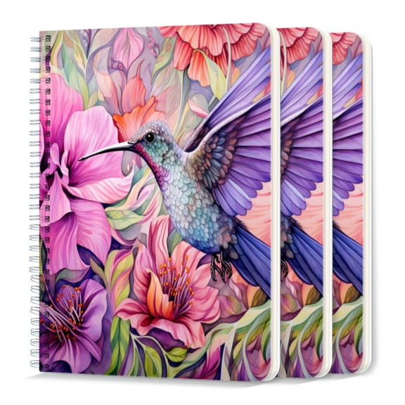 Spiral Journal Notebook,50 Sheets A5 College Ruled Notebook/Journal 3 Pcs for School Office Home - Beautiful Hummingbird Surrounded By Pastel Flowers