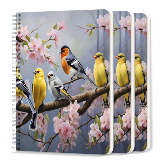 Spiral Journal Notebook,50 Sheets A5 College Ruled Notebook/Journal 3 Pcs for School Office Home - Birds Sitting on Cherry Blossom Branches