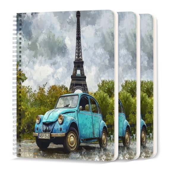 Spiral Journal Notebook,50 Sheets A5 College Ruled Notebook/Journal 3 Pcs for School Office Home - Blue Car in Front of The Eiffel Tower