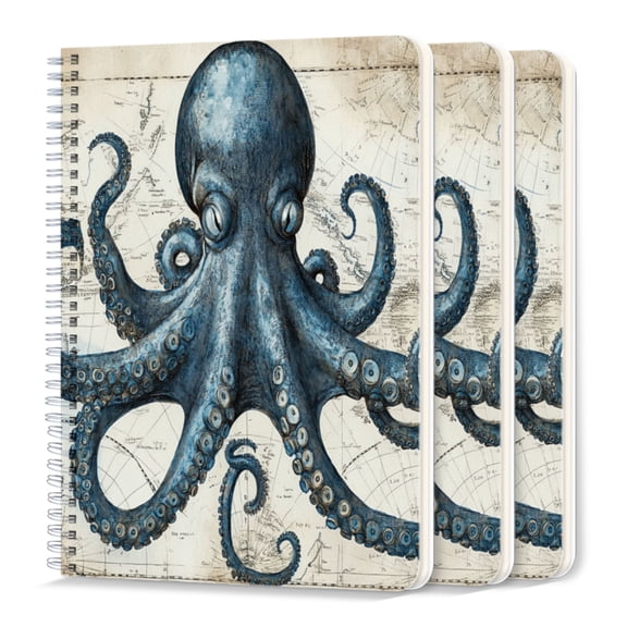 Spiral Journal Notebook,50 Sheets A5 College Ruled Notebook/Journal 3 Pcs for School Office Home - Blue Octopus on Map of The World