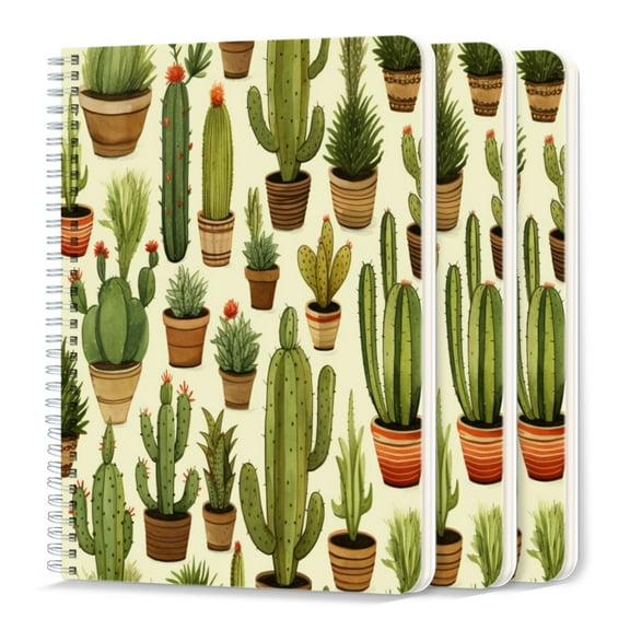 Spiral Journal Notebook,50 Sheets A5 College Ruled Notebook/Journal 3 Pcs for School Office Home - Cacti in Pots on Beige Background