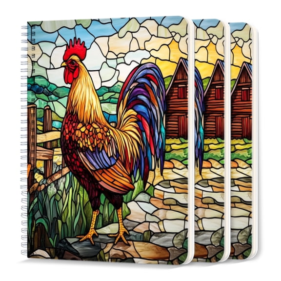 Spiral Journal Notebook,50 Sheets A5 College Ruled Notebook/Journal 3 Pcs for School Office Home - Colorful Stained Glass Art Depicting Large Rooster