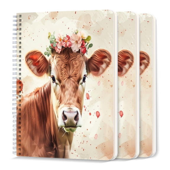 Spiral Journal Notebook,50 Sheets A5 College Ruled Notebook/Journal 3 Pcs for School Office Home - Cute Brown Cow With Flower Crown on Head