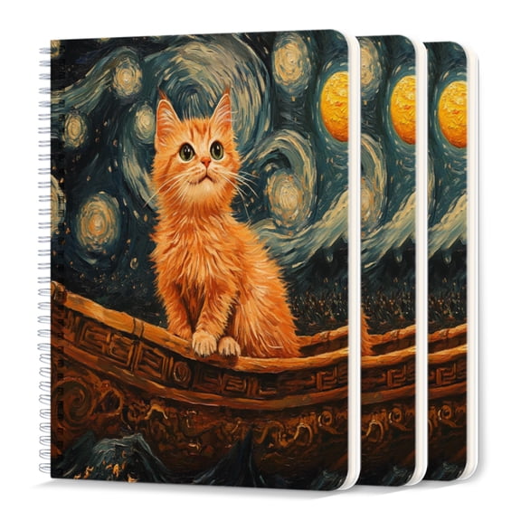 Spiral Journal Notebook,50 Sheets A5 College Ruled Notebook/Journal 3 Pcs for School Office Home - Cute Cat Smiling And Looking Up At Starry Sky