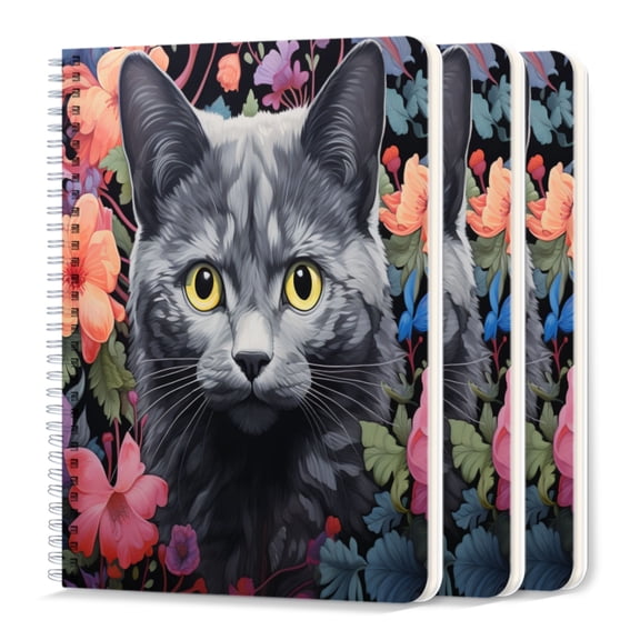 Spiral Journal Notebook,50 Sheets A5 College Ruled Notebook/Journal 3 Pcs for School Office Home - Cute Cat Surrounding By Pink Flowers