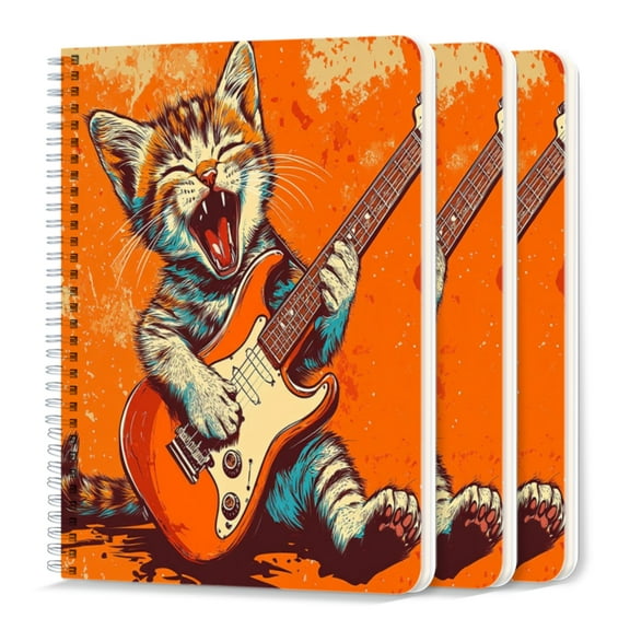 Spiral Journal Notebook,50 Sheets A5 College Ruled Notebook/Journal 3 Pcs for School Office Home - Cute Kitten Playing Electric Guitar