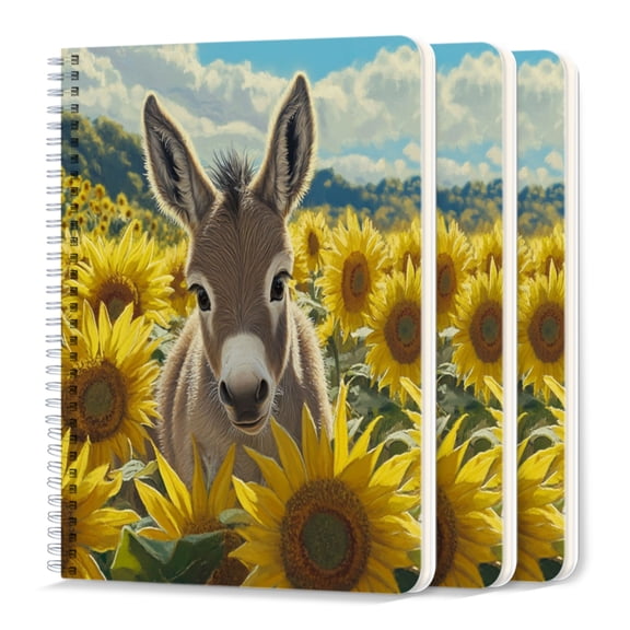 Spiral Journal Notebook,50 Sheets A5 College Ruled Notebook/Journal 3 Pcs for School Office Home - Cute Little Donkey Surrounded By Sunflowers