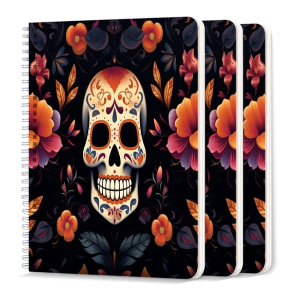 Spiral Journal Notebook,50 Sheets A5 College Ruled Notebook/Journal 3 Pcs for School Office Home - Dead Skull With Flowers