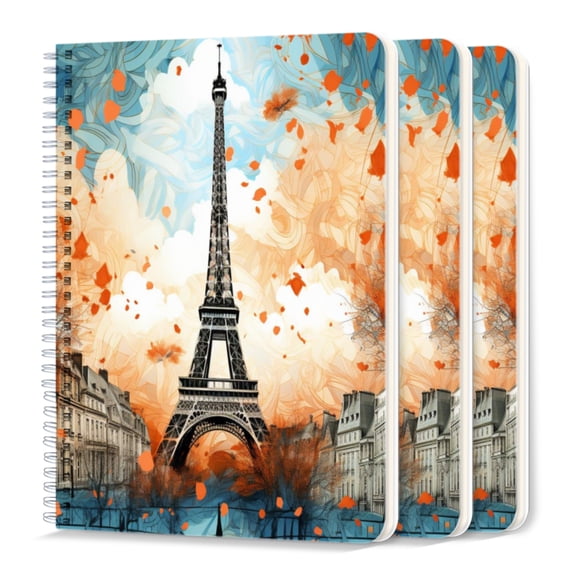 Spiral Journal Notebook,50 Sheets A5 College Ruled Notebook/Journal 3 Pcs for School Office Home - Eiffel Tower Maple Leaf Autumn in Colorful