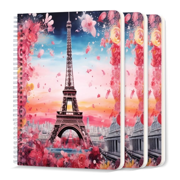Spiral Journal Notebook,50 Sheets A5 College Ruled Notebook/Journal 3 Pcs for School Office Home - Eiffel Tower Surrounded By Pink And Red Flowers
