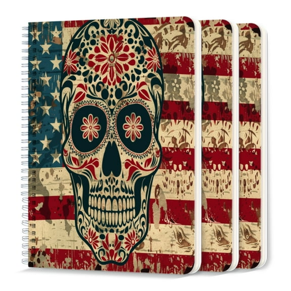 Spiral Journal Notebook,50 Sheets A5 College Ruled Notebook/Journal 3 Pcs for School Office Home - General American Flag With Skull in The Center