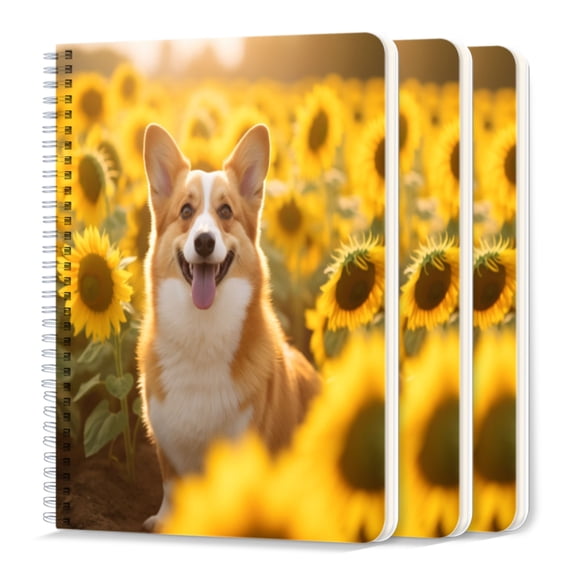 Spiral Journal Notebook,50 Sheets A5 College Ruled Notebook/Journal 3 Pcs for School Office Home - Happy Corgi Dog Standing in The Sunflower Field