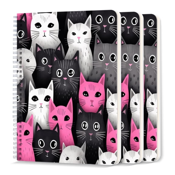 Spiral Journal Notebook,50 Sheets A5 College Ruled Notebook/Journal 3 Pcs for School Office Home - Pink And White Cartoon Cats With Large Eyes