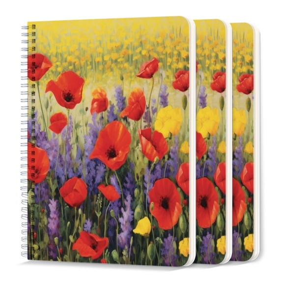 Spiral Journal Notebook,50 Sheets A5 College Ruled Notebook/Journal 3 Pcs for School Office Home - Red Poppies And Purple Lavender in The Field