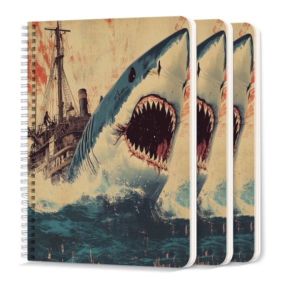 Spiral Journal Notebook,50 Sheets A5 College Ruled Notebook/Journal 3 Pcs for School Office Home - Shark Attacking Old Ship in Rough Sea
