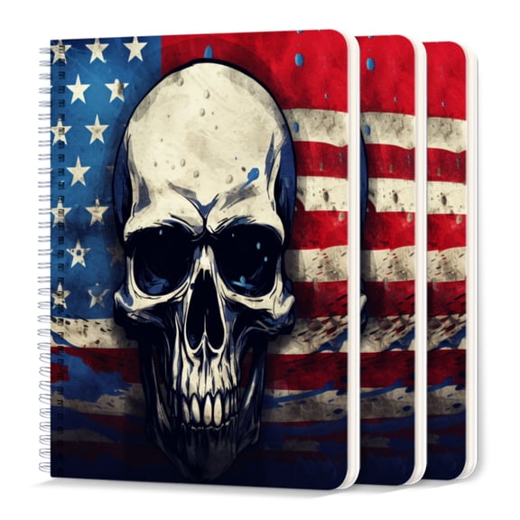 Spiral Journal Notebook,50 Sheets A5 College Ruled Notebook/Journal 3 Pcs for School Office Home - Skull Against The Backdrop of American Flag