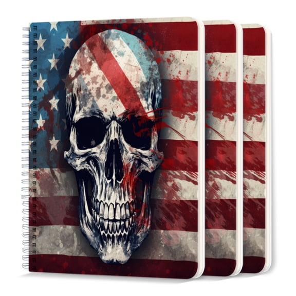 Spiral Journal Notebook,50 Sheets A5 College Ruled Notebook/Journal 3 Pcs for School Office Home - Skull in Front of American Flag Background