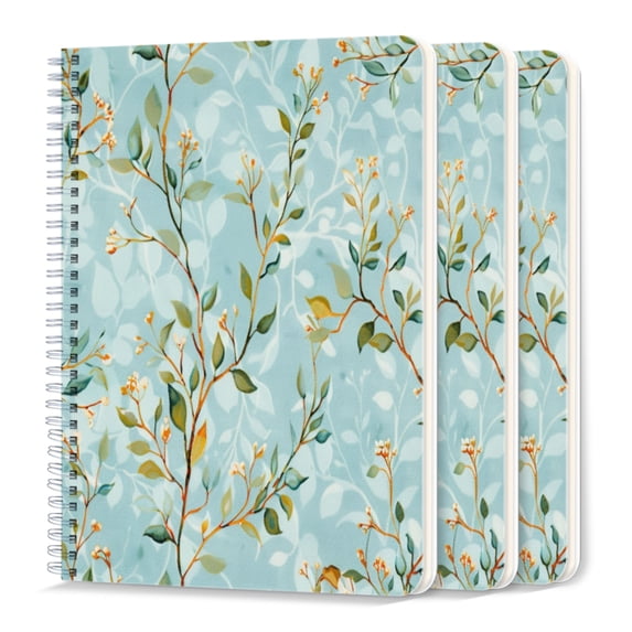 Spiral Journal Notebook,50 Sheets A5 College Ruled Notebook/Journal 3 Pcs for School Office Home - Small Green Leaves And Flowers