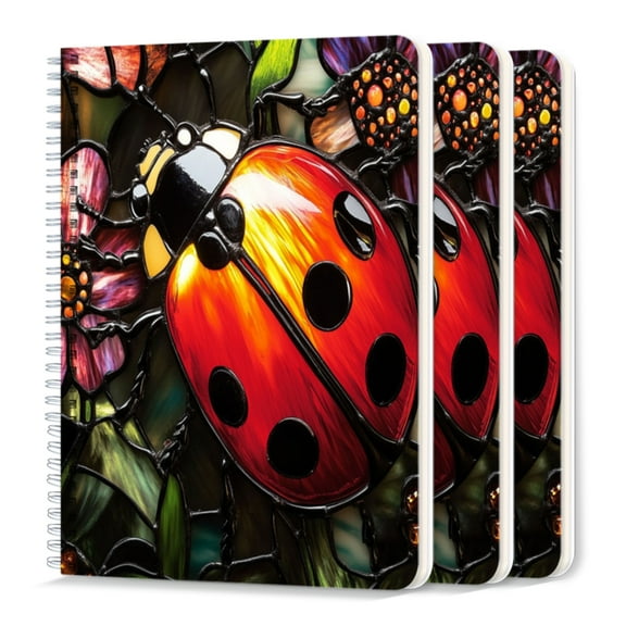 Spiral Journal Notebook,50 Sheets A5 College Ruled Notebook/Journal 3 Pcs for School Office Home - Stained Glass Ladybug on Floral Background