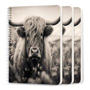 Spiral Journal Notebook,50 Sheets A5 College Ruled Notebook/Journal 3 Pcs for School Office Home - The Highland Cow Stood in Field of Wild Flowers