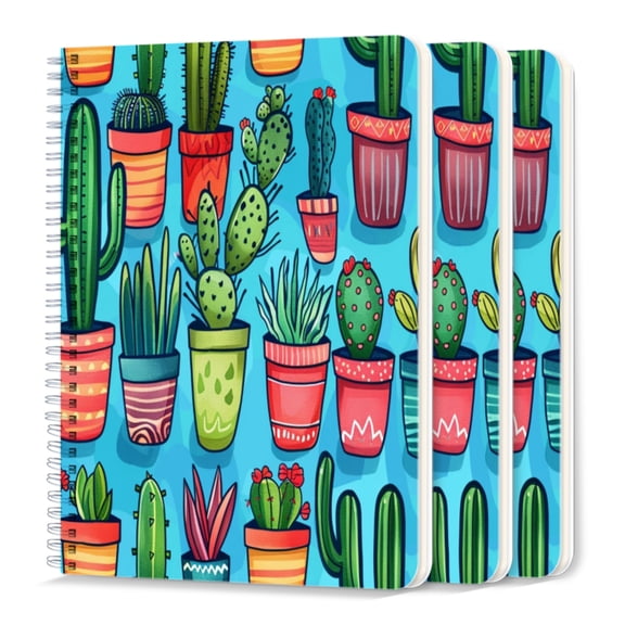 Spiral Journal Notebook,50 Sheets A5 College Ruled Notebook/Journal 3 Pcs for School Office Home - Various Cacti in Pots on Blue Background