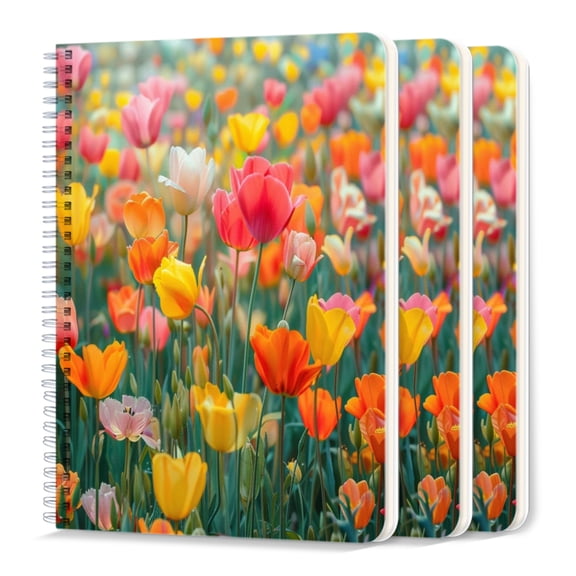 Spiral Journal Notebook,50 Sheets A5 College Ruled Notebook/Journal 3 Pcs for School Office Home - Vibrant Field of Tulips in Various Colors