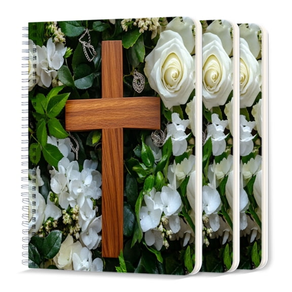Spiral Journal Notebook,50 Sheets A5 College Ruled Notebook/Journal 3 Pcs for School Office Home - Wooden Cross Surrounded By White Roses