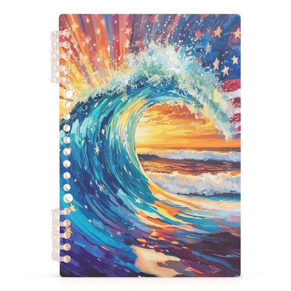 Spiral Journal Notebook American Flag Ocean Wave A5 Lined Hardcover PP Material with 60 Pages Paper College Ruled Notebook for Work Note Taking Writing 5.7x8.3 Inch