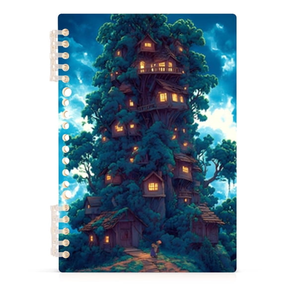 Spiral Journal Notebook Anime Style Wooden House A5 Lined Hardcover PP Material with 60 Pages Paper College Ruled Notebook for Work Note Taking Writing 5.7x8.3 Inch