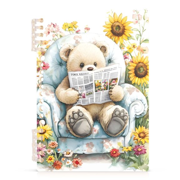 Spiral Journal Notebook Bear Reading Newspaper A5 Lined Hardcover PP Material with 60 Pages Paper College Ruled Notebook for Work Note Taking Writing 5.7x8.3 Inch
