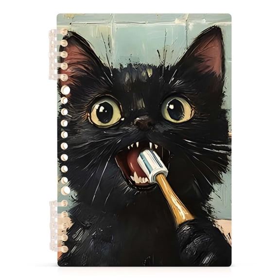 Spiral Journal Notebook Black Cat Brushing Teeth in The Bathroom A5 Lined Hardcover PP Material with 60 Pages Paper College Ruled Notebook for Work Note Taking Writing 5.7x8.3 Inch