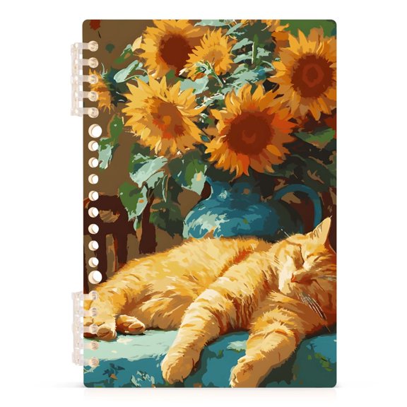 Spiral Journal Notebook Cat Sunflower Paint A5 Lined Hardcover PP Material with 60 Pages Paper College Ruled Notebook for Work Note Taking Writing 5.7x8.3 Inch