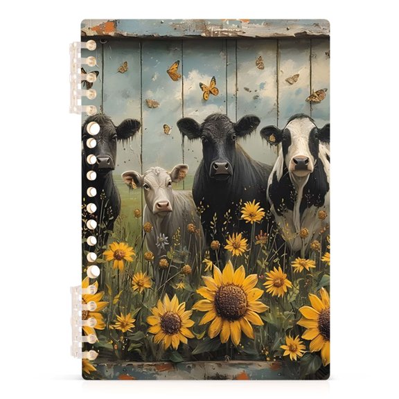 Spiral Journal Notebook Cow Sunflower A5 Lined Hardcover PP Material with 60 Pages Paper College Ruled Notebook for Work Note Taking Writing 5.7x8.3 Inch