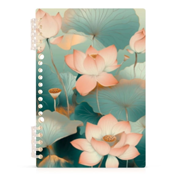Spiral Journal Notebook Green Lotus Picture A5 Lined Hardcover PP Material with 60 Pages Paper College Ruled Notebook for Work Note Taking Writing 5.7x8.3 Inch