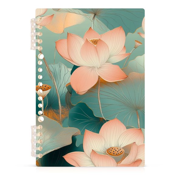 Spiral Journal Notebook Green Lotus Picture A5 Lined Hardcover PP Material with 60 Pages Paper College Ruled Notebook for Work Note Taking Writing 5.7x8.3 inch