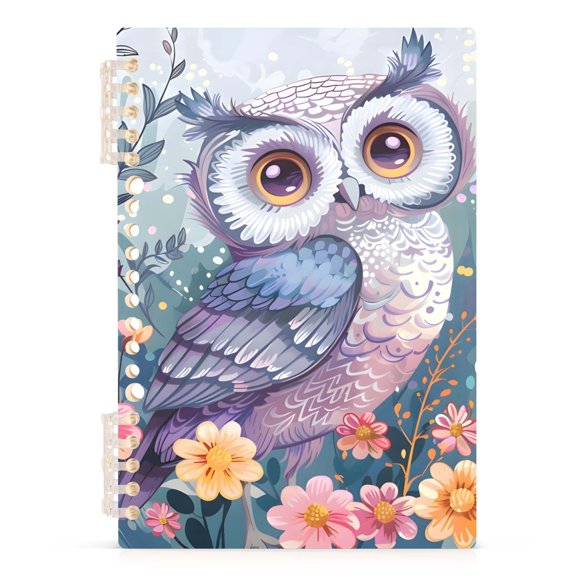 Spiral Journal Notebook Purple Owl Flowers A5 Lined Hardcover PP Material with 60 Pages Paper College Ruled Notebook for Work Note Taking Writing 5.7x8.3 Inch