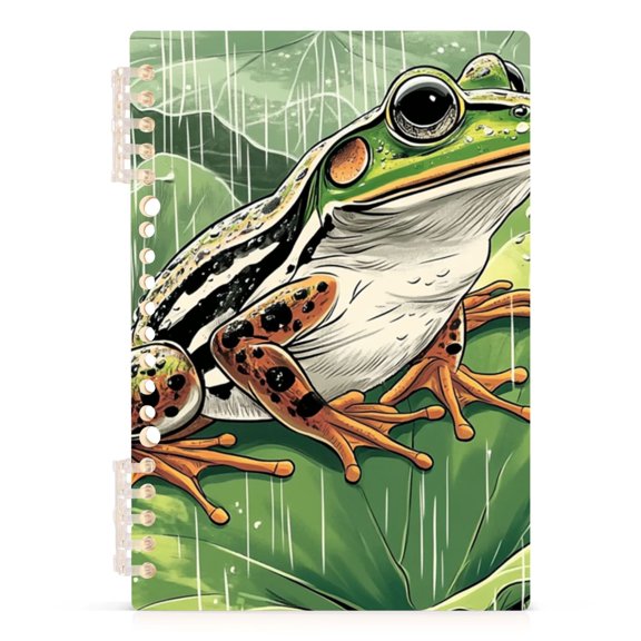 Spiral Journal Notebook Rainy Lotus Frog Illustration A5 Lined Hardcover PP Material with 60 Pages Paper College Ruled Notebook for Work Note Taking Writing 5.7x8.3 inch