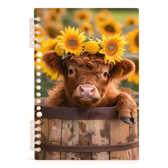 Spiral Journal Notebook Sunflower Cute Highland Cow A5 Lined Hardcover PP Material with 60 Pages Paper College Ruled Notebook for Work Note Taking Writing 5.7x8.3 Inch