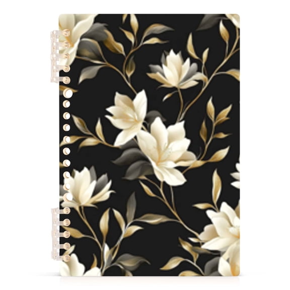 Spiral Journal Notebook White Floral Pattern on Black A5 Lined Hardcover PP Material with 60 Pages Paper College Ruled Notebook for Work Note Taking Writing 5.7x8.3 Inch