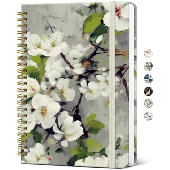 Spiral Journal Notebook for Women, Pretty Hardcover Lined Notebook for Work & Note Taking, Aesthetic Cute Journal for Writing, 140 Pages, 5.8"x8.3", White Blossom