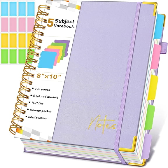 Spiral Journal with Removable Dividers Tabs, 300 Pages Hardcover Leather 5 Subject College Ruled , 8"x10" Large B5 Lined Journal for Women Men, Spiral s for Work School,Purple