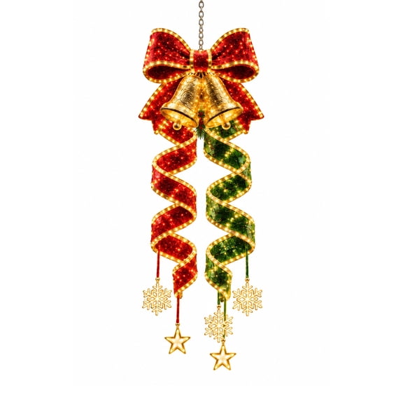 Spiral LED Christmas Hanging Light, Spiral String with a Seasonal Topper, Suspended Illuminated Display, Plastic Construction, for Covered Porch and Entry Doorway, Bow, Style C, 10 x 6 x 2 in