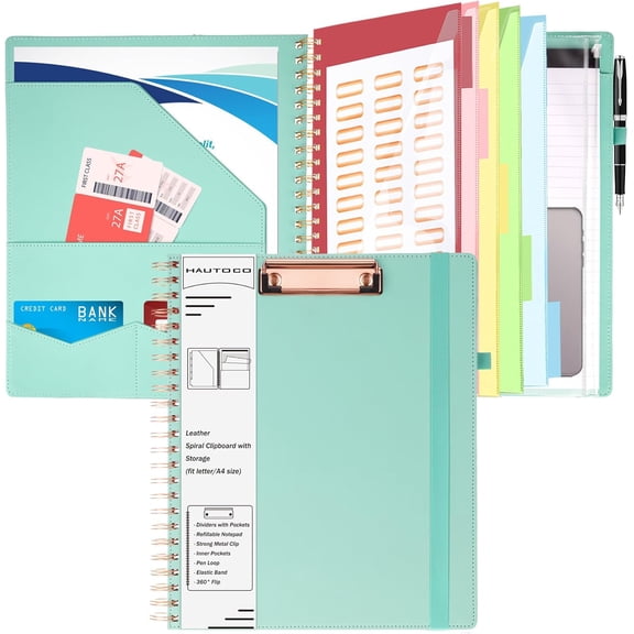 Spiral Leather Clipboard Folio with Notepad (8.5 x 11''), 5 Folders with 10 Pockets, Storage Zipper Pouch, Pen Loop, 39 Stickers, Padfolio Organizer for Work School, Blue