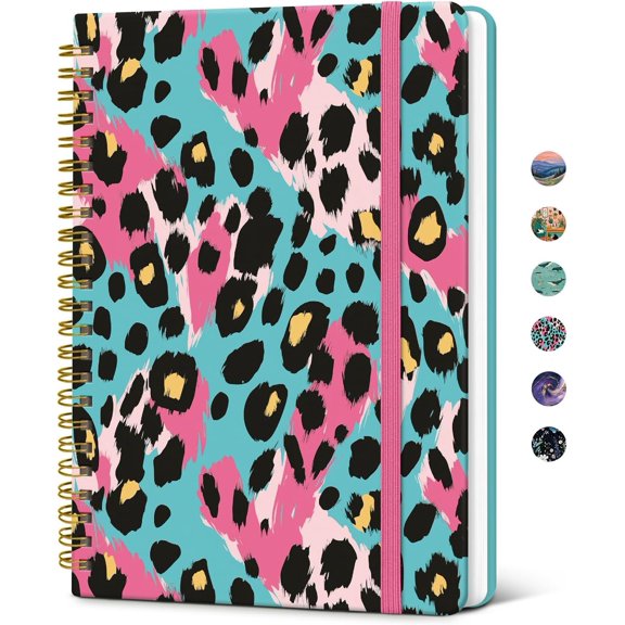 Spiral Lined Journal for Women, Notebook for Work with Pretty Cover, 140 College Ruled Pages, Hardcover Notebook for Journaling, Note Taking, Study, Neon Leopard